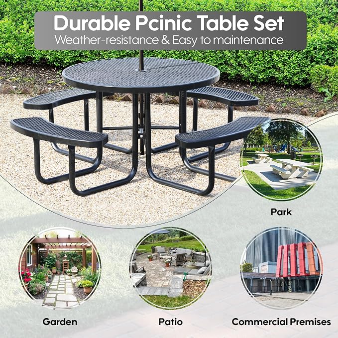 46 Inch Round Outdoor Metal Picnic Table, All-Weather Patio Dining Set for 6-8 Adults, Heavy Duty Steel with Central Umbrella Hole, Perfect for Garden, Backyard, Deck & Small Spaces - Easy Assembly