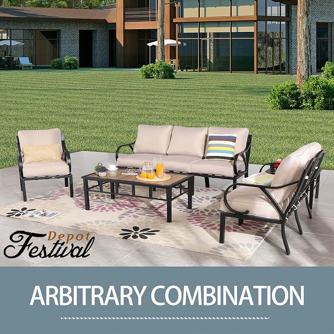 Festival Depot Patio Coffee Table Square Metal Table with Wood Grain Tabletop All Weather Outdoor Furniture for Deck Porch Garden (25.2" x 25.2" x 16.5")