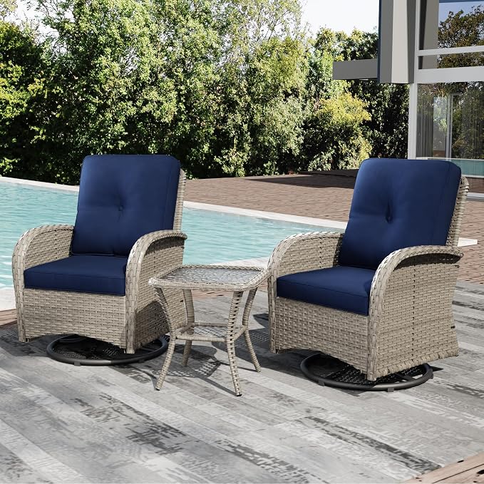 Joyside Outdoor Swivel Rocker Chairs, 3 Piece Wicker Patio Set with Thickened Cushions, High Back, Deep Seating, Wide Armrest, Outdoor Swivel Chairs for Porch, Deck