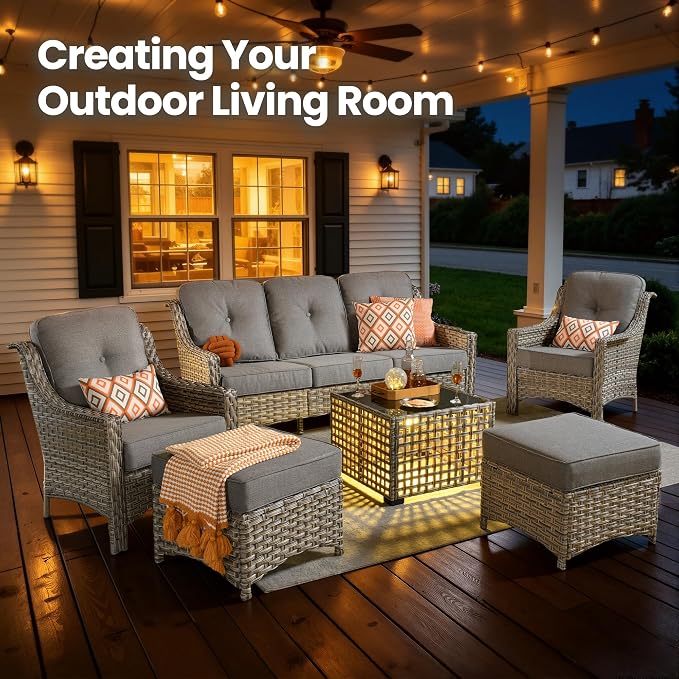6 Piece Patio Furniture Set with Solar Lights Coffee Table, Outdoor Wicker High Back Sofa Chairs Ottomans with Cushions, All Weather Conversation Set for Backyard Porch Deck, Dark Gray