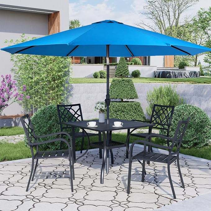 Crownland 5 Piece Patio Dining Set, 4 Stackable Metal Chairs and Square Outdoor Dining Table with 9FT Sky Blue Round Outdoor Umbrella (Metal Tabletop)