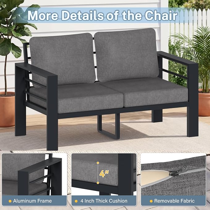 Patio Furniture Aluminum Loveseat, Modern Patio Patio Furniture with 3.54” Wide Seat and Thick Cushions, All-Weather Outdoor 2 Seats Sofa Couch for Deck, Porch