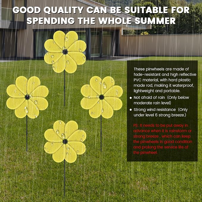 4PCS 11.4" W x 28" H Reflective Pinwheels Sparkly Lawn Wind Spinners Colorful Rainbow Windmill for Garden Decoration Bird Devices Deterrent to Scare Birds Away(Yellow)