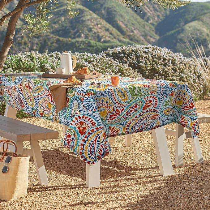 DYTXIII Outdoor Rectangle Tablecloth with Umbrella Hole and Zipper 84" x 60", Water Repellent Floral Picnic Cover, Fade & Wrinkle Resistant Tablecloth for Patio/Garden/Party Table, Paisley Multi