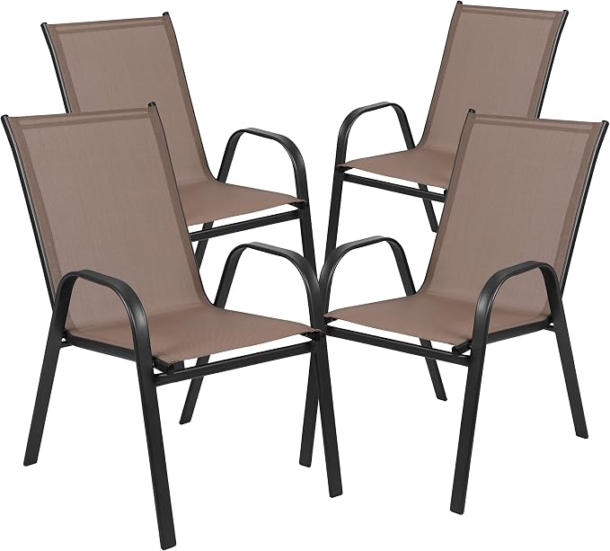 EMMA + OLIVER Seven Piece Indoor/Outdoor Dining Set - Metal Table with Tempered Glass Top - Six Brown Flex Comfort Chairs- Umbrella Hole - All Weather