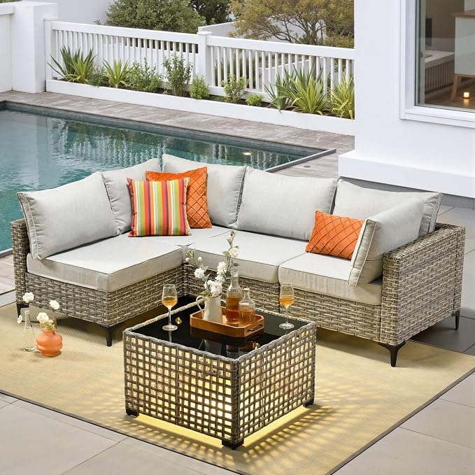 5 Pieces Patio Furniture Set with Solar Light Coffee Table, All-Weather Wicker Outdoor Sectional Conversation Sets L Shaped Sofas for Outside Porch Balcony Backyard Gray