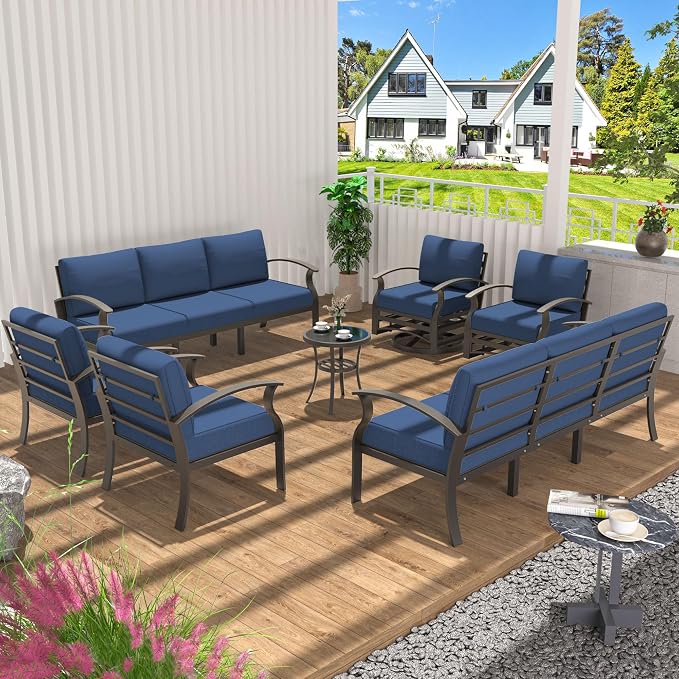 Aluminum Patio Furniture Set Patio Conversation Set,10 Seats Metal Modern Outdoor Furniture w/5.1" Cushions,Patio Sectional w/Swivel Chairs for Patio,Backyard,NavyBlue