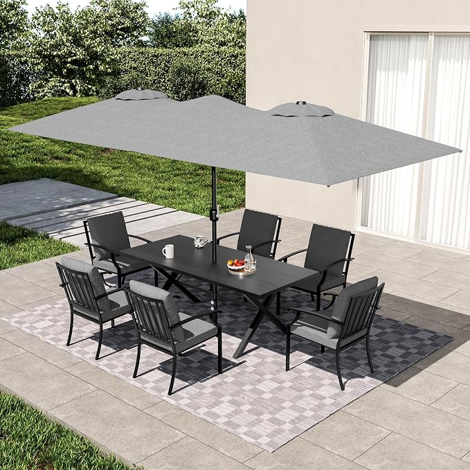 8 PCS Outdoor Patio Dining Set with 13.6ft Double-Sided Patio Umbrella,Patio Table and Chairs Metal Outdoor Patio Furniture Set,Dining Table Set with 6 Chairs,Grey