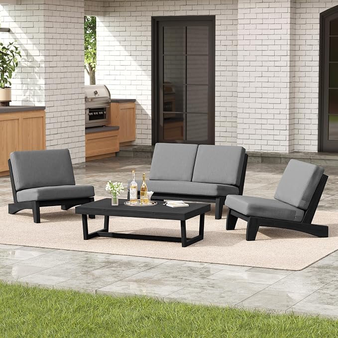 4 Pieces Patio Furniture Sets, All-Weather Outdoor Wood Bistro Set Patio Conversation Coffee Table Chiars and Patio Loveseat for Balcony, Backyard