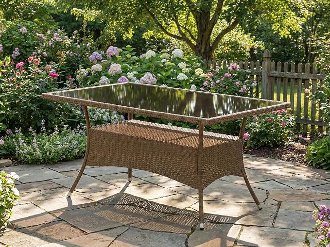 Patio Outdoor Dining Table – 36x60 Rectangle PE Wicker Rattan Table with Tempered Glass Top, Weather-Resistant, Rust-Proof Steel Frame, Brown Deck & Garden Furniture