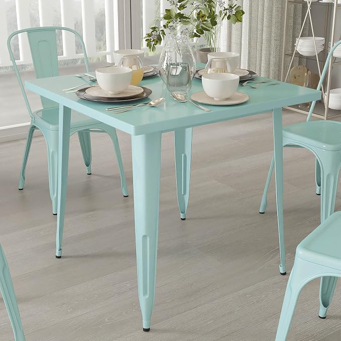 Merrick Lane Nash Indoor-Outdoor Dining Table Only - Mint Green Powder Coated Finish - 31.5" Square Top - 27.25" Wide Base - Bracing for Added Stability