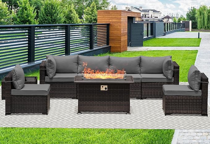 8 Pieces Outdoor Patio Furniture Set,Outdoor Sectional Furniture with 43" 55000 BTU Gas Propane Fire Pit Table,All Weather PE Rattan Wicker Patio Conversation Set,Grey