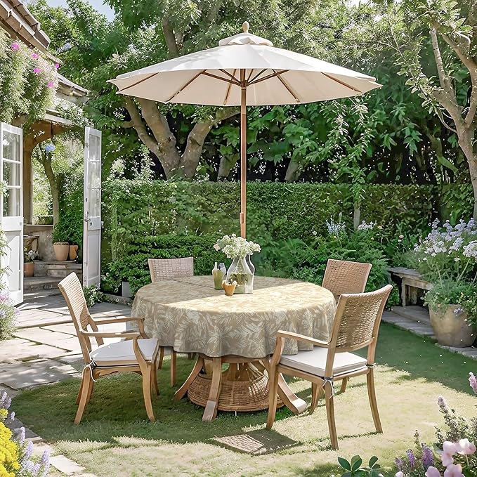 DYTXIII Outdoor Round Tablecloth with Umbrella Hole 60 Inch, Water Repellent & Fade Resistant Table Cover, All Weather Outdoor Tablecloth for Garden & Party Table, Tropical Leaf Oat