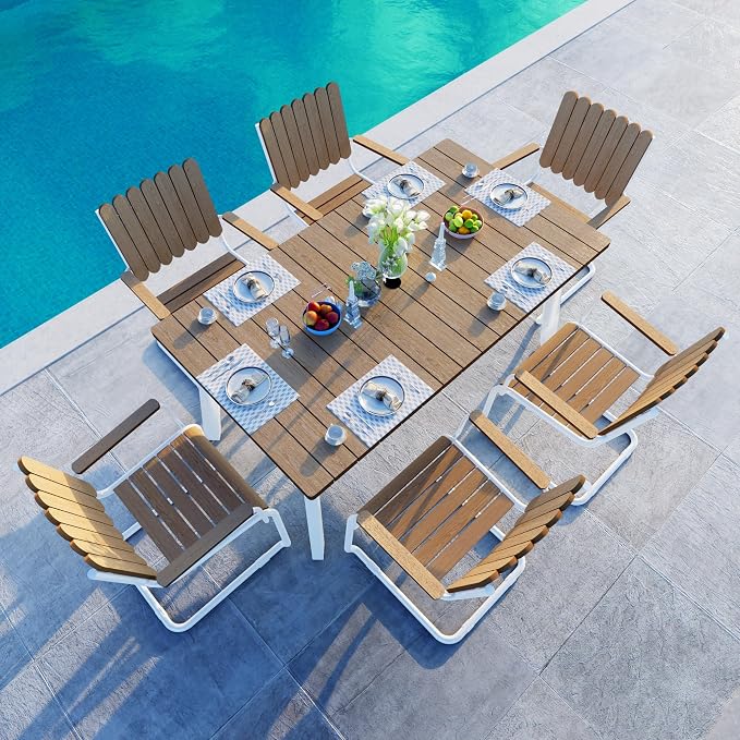 7 Pieces Outdoor Dining Set for 6, Patio Table and Chairs Set with Umbrella Hole, All-Weather HDPE Outdoor Furniture Sets for Backyard Poolside Lawn Garden (White & Teak)