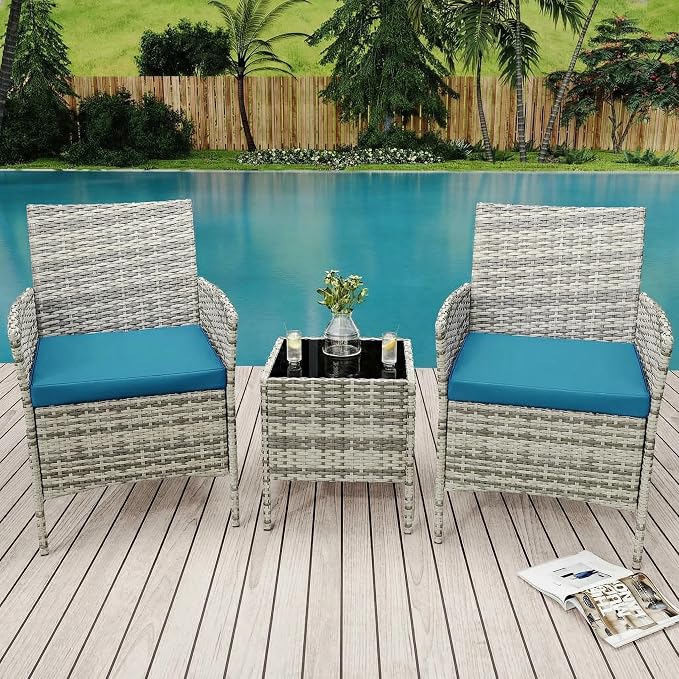 GarveeLife 3 Piece Patio Furniture Set, Rattan Outdoor Furniture with 2 Chairs & Coffee Table, Modern Outdoor Seating Conversation Bistro Set for Garden Backyard Porch (Grey and Peacock Blue)