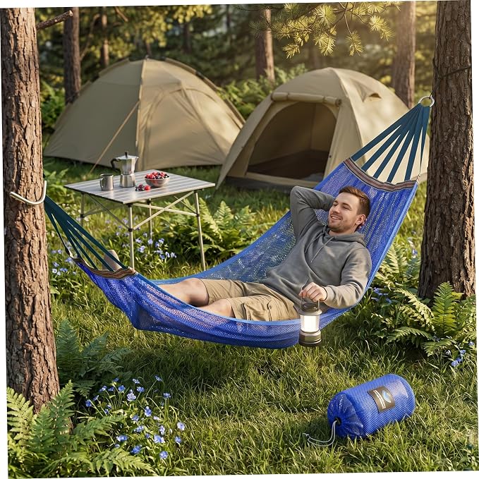 Outdoor Hammock Without Stand|Camping Hammock Lightweight Portable, Anti-roll Breathable Mesh Outdoor with Tree Straps & Carry Bag, Blue (102.36x51.18in)