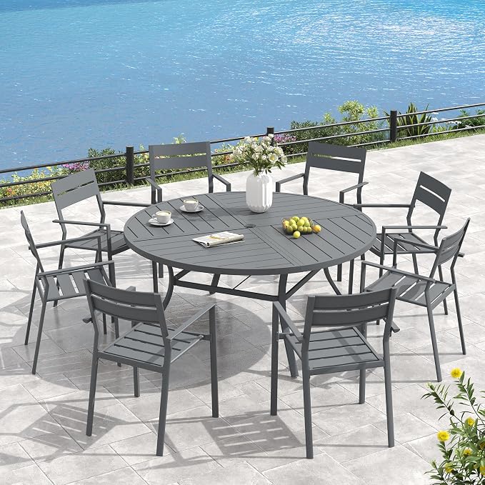 VICLLAX 53" Round Outdoor Table, Patio Dining Table for 8 with Umbrella Hole for Garden Lawn Deck Backyard, Dark Grey