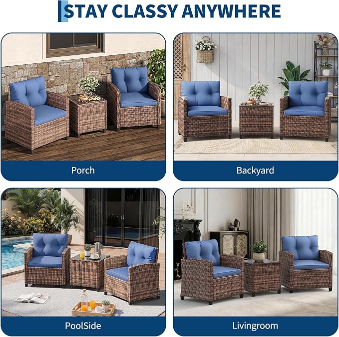 GarveeHome 3-Piece Outdoor Wicker Sofa Set, PE Rattan Patio Furniture with Removable Washable Blue Cushions & Tempered Glass Table, Conversation Seating for Garden, Poolside, Balcony, Brown Wicker