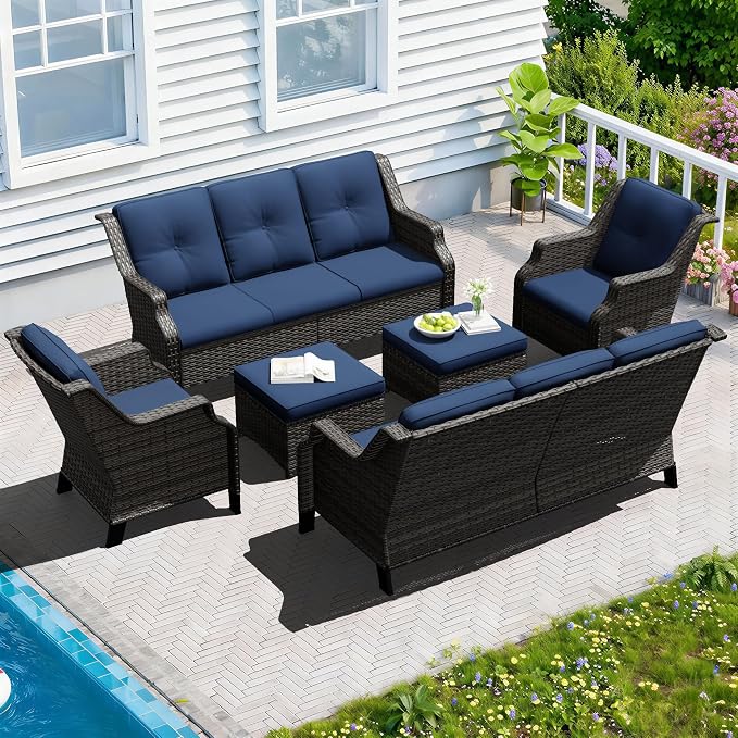 Outdoor Patio Furniture Set, 6 Piece Wicker Patio Furniture with Thick Cushions, Curved Armrest, Deep Seating, Rattan Outdoor Chairs for Porch, Deck, Balcony