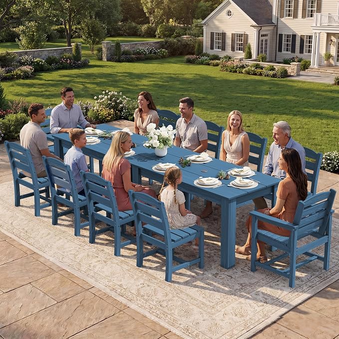SERWALL 59" Outdoor Dining Set for 6, w/ 1 Table & 6 Chairs, Blue | Armless Patio Dining Sets for All Weather Use