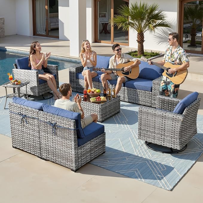 9-Piece Patio Furniture Set, Outdoor Wicker Furniture Sectional Set with Coffee Table, High Back Swivel Rocker Patio Chairs, Modern Rattan Outdoor Conversation Set for Porch, Balcony, Denim Blue