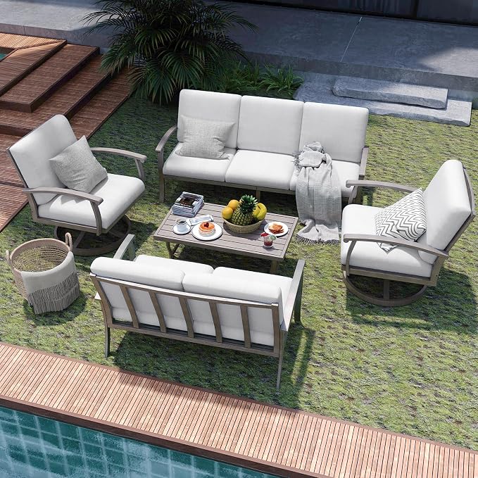 HAPPATIO 5 Piece Aluminum Patio Furniture Set, 7-Person Outdoor Swivel Chairs, Loveseat and 3-Seat Sofa, All-Weather Outdoor Sectional Sofa with Comfortable Cushions and Coffee Table(Gray)