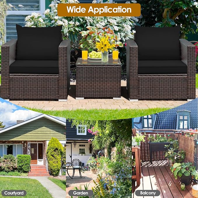 RELAX4LIFE 3-Piece Wicker Bistro Set - Outdoor Patio Rattan Sofa Set w/Washable Cushions & Tempered Glass Coffee Table, Conversation Furniture Set for Backyard, Porch, Garden & Poolside (Black)