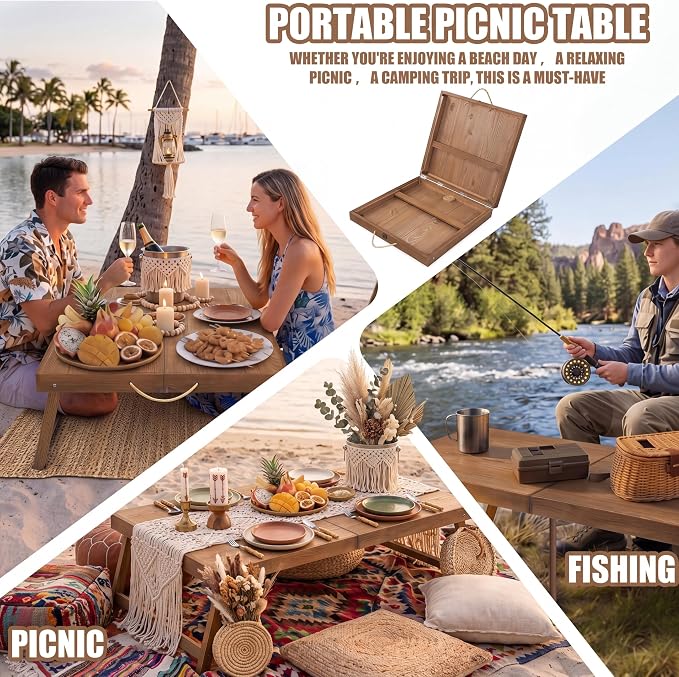 Novabright Foldable Boho Wooden Picnic Table 48x24 Inch Portable Low Picnic Table for Outdoor Indoor Floor Seating Beach Wedding Garden Camping BBQ Backyard