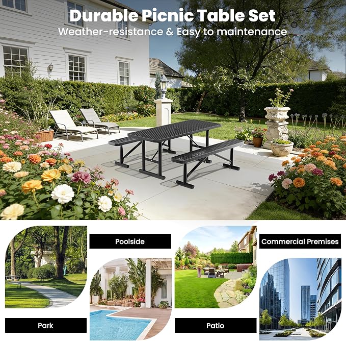 6FT Metal Picnic Tables for Outdoors, Commercial Rectangular Picnic Table for Outside, Park, Campfield, Patio, Garden, Yard, Thermoplastic Coating, Surface Mounted, Black