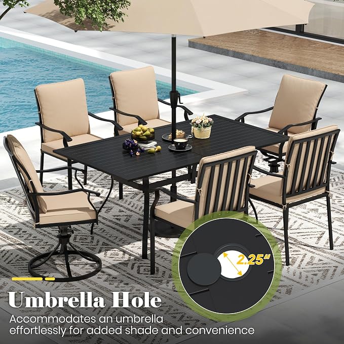 63" Outdoor Patio Dining Table for 6, Rectangular Metal Table with Umbrella Hole, Weather-Resistant Slatted Table, Black