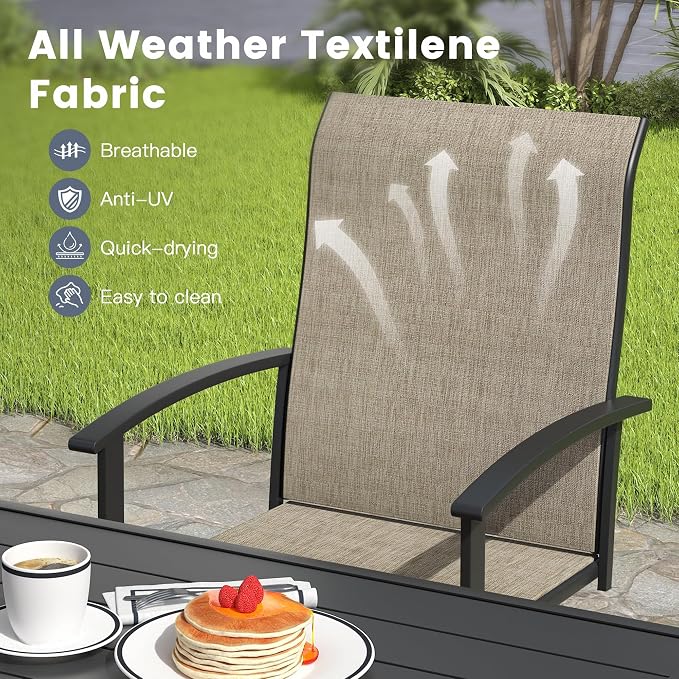 VICLLAX 5 Pieces Patio Outdoor Dining Set, 4 Swivel Textilene Chairs and 40.6" Round Metal Table with Umbrella Hole for Porch, Deck, Garden, Black/Brown