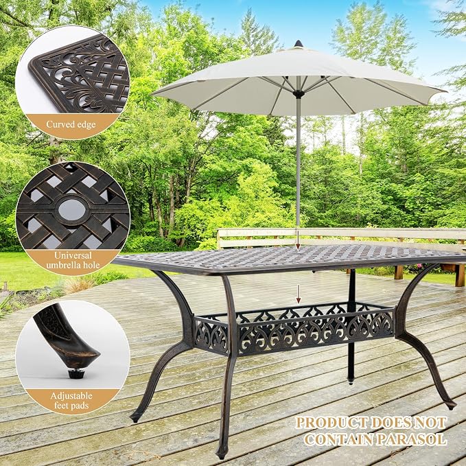 7-Piece Cast Aluminum Outdoor Dining Set, 60" Rectangular Table with 2 Umbrella Holes & 6 Stackable Chairs with 2.75" Cushions, Antique Brass Rustproof Patio Furniture for Garden