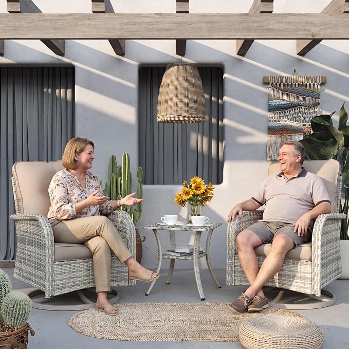 Outdoor Patio Furniture Set Patio Rocking Swivel Chair with Tempered Glass Side Table, Outdoor Wicker Rattan Bistro Set with Ottomans for Garden, Deck, and Balcony, Beige