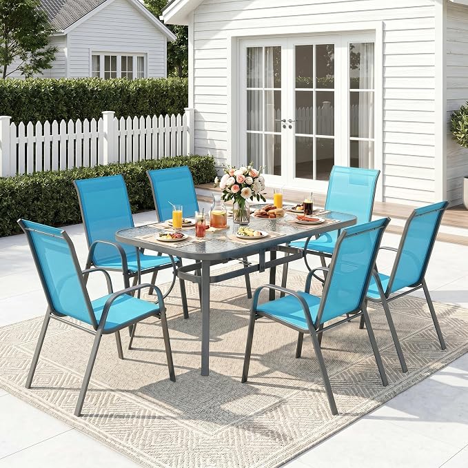 MAMIZO 7 Pieces Patio Dining Set for 6, Outdoor Table and Chairs w/Rectangle Glass Table and 6 Textilene Stackable Chairs, Patio Furniture Set w/1.69" Umbrella Hole (Grey Table & Sky Blue Chair)