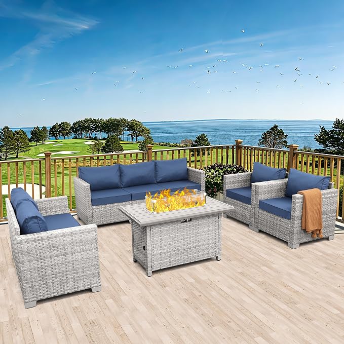 WAROOM Patio Furniture Set 5 Piece Outdoor Furniture with Fire Pit Table, Grey Wicker Sectional Sofa Couch Sets Backyard Deep Seating PE Rattan Chairs with Navy Blue Cushion