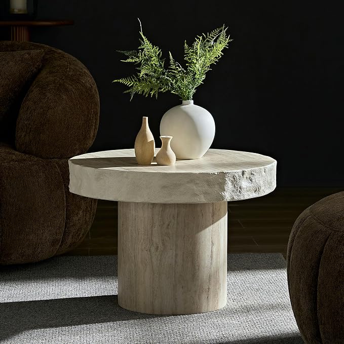 Faux Stone Side Table Faux Marble Round End Table Patio Small Drink Table for Small Spaces, Mrushroom Side Tables with Pedestal, Modern Nightstand for Living Room Bedroom Corners Office,Beige