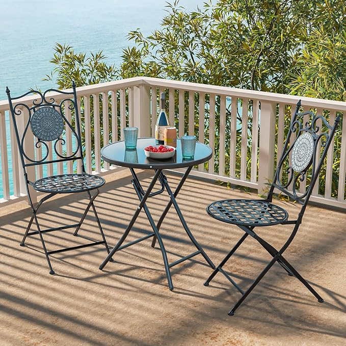 Giantex 23 Inch Round Bistro Table, Patio Folding Cocktail Table with Tempered Glass Tabletop, Heavy-Duty Metal Frame, Outdoor Portable Bistro Table for Deck, Backyard, Poolside