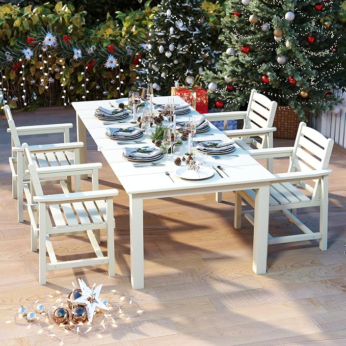 5-Piece Outdoor Dining Set with 75.2" Table for 4,White | HDPE material, umbrella hole design, weather-resistant furniture, perfect for garden, lawn, poolside, yard, balcony, deck