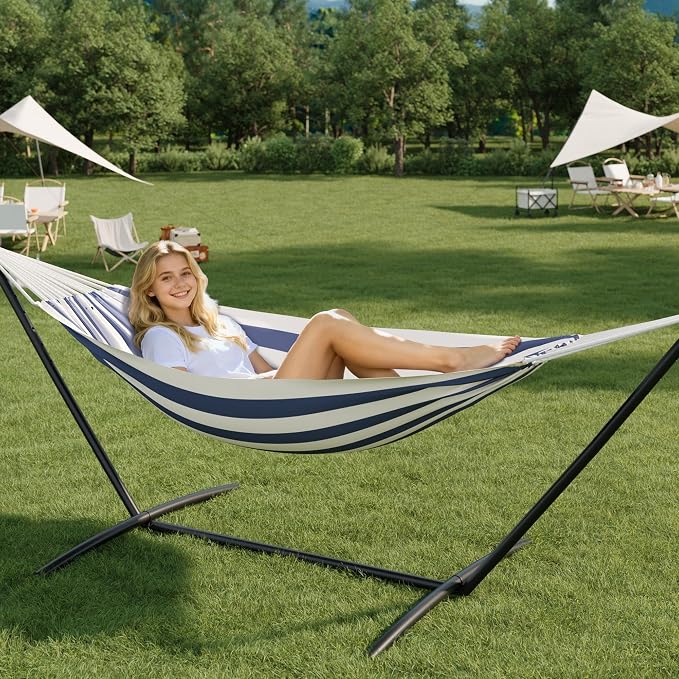 Hammock with Stand for Outside, Upgraded Carrying Case,Easy Assembly, Portable Space Saving Heavy-Duty Steel Frame,Perfect for Outdoor & Indoor,Blue & White