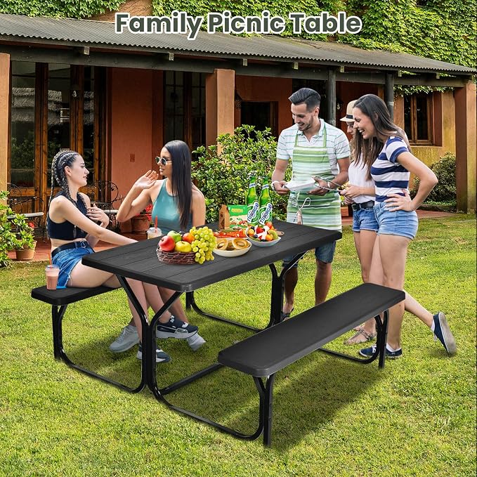 MEDIMALL Picnic Table, Portable Bench Set with Plastic Top & Metal Frame, All-Weather Large Camping Table for Outdoors, Backyard, Garden (Black)