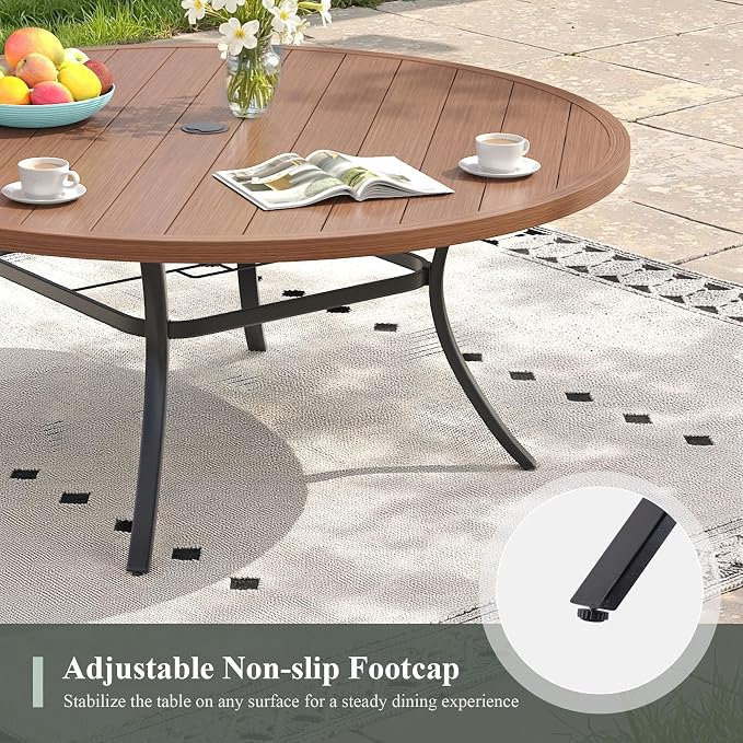Outdoor Dining Table for 8, 60" Round Outdoor Table with Adjustable Umbrella Hole, All-Weather Metal Patio Dining Table for Lawn Garden Backyard Deck, Walnut