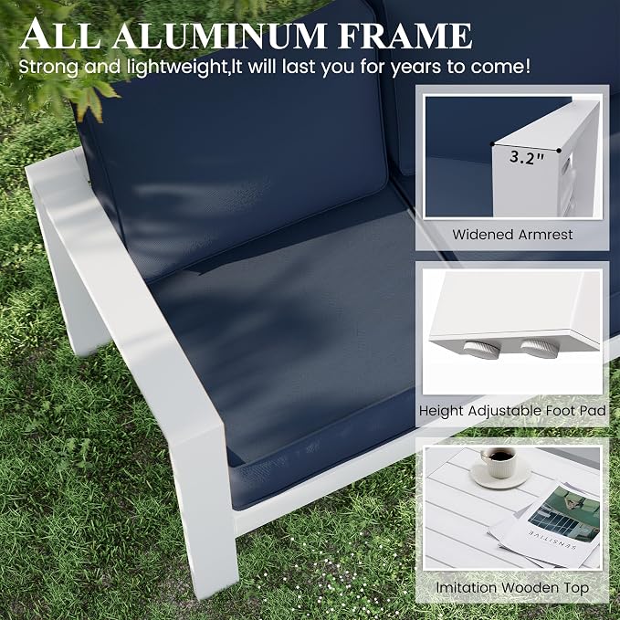 Aluminum Patio Furniture Set, Single Chair Outdoor Set with 5 Inch Cushions, Patio Sofa Sets with Waterproof Covers for Backyard Garden(White&Blue)