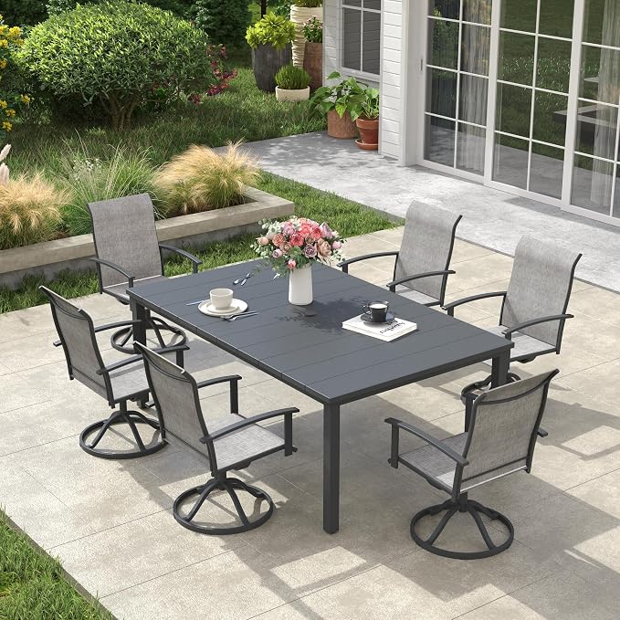 VICLLAX Outdoor Table for 6, Metal Patio Dining Table with Umbrella Hole for Garden Lawn Deck Backyard, Dark Grey Tabletop
