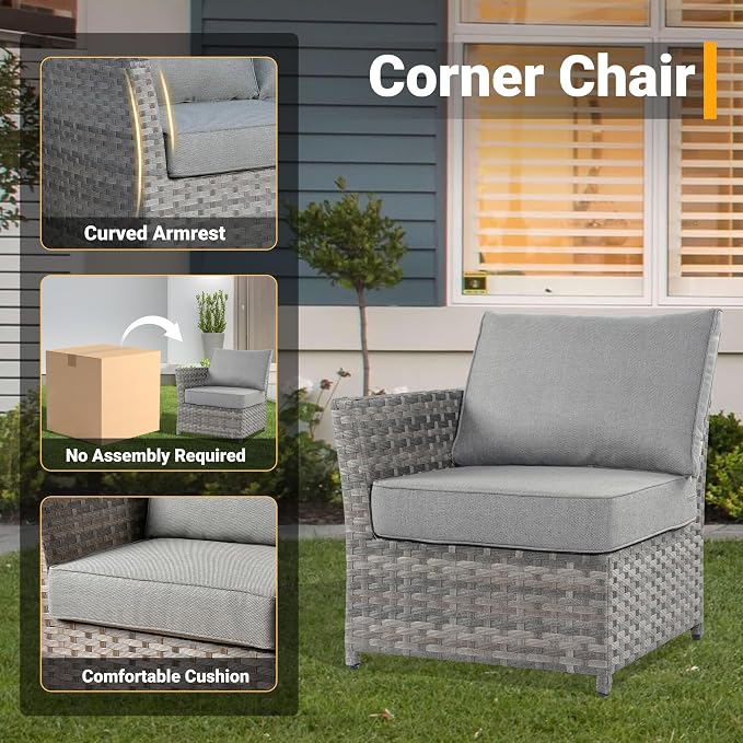 CAODOC 12 Pieces Outdoor Furniture Patio Sectional Sofa Couch Gray PE Wicker Conversation Sets with Ottomans Glass Coffee Table for Garden Poolside Backyard