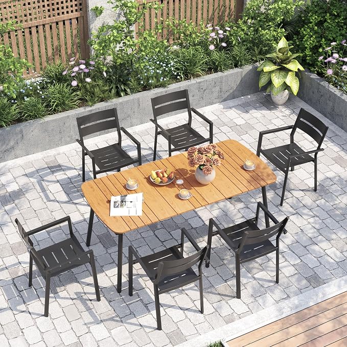 Crestlive Products Outdoor Dining Table for 6, 70In Aluminum Patio Table with Umbrella Hole Weather Resistant Rectangle OutsideTables for Patio Garden Lawn, Brown
