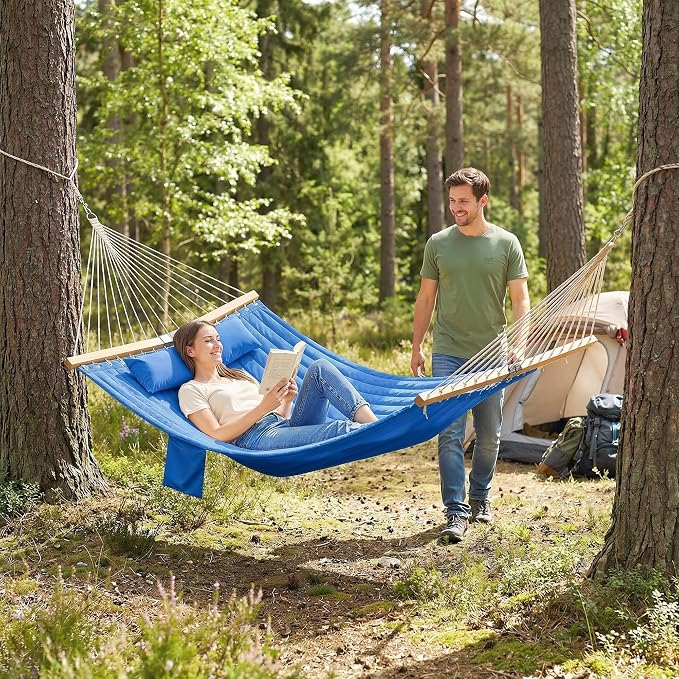 2-Person Outdoor Hammock with Pillow & Pad, 128in x 55.1in, 440lb Capacity, Quilted Polyester Fabric