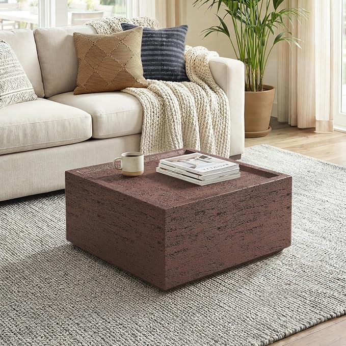 UPHA 28" Square Outdoor Coffee Table, Modern Hollow Concrete Patio Table, Small Minimalist Low Accent Table for Living Room, Balcony, Deck, Backyard, Rust Red