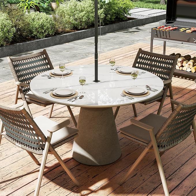ZL ZELing Outdoor Round Patio Table Top with Umbrella Hole - 43.31 Inch Sintered Stone Dining Table for Outdoor Patio, Weather-Resistant Slate Countertop Replacement for Garden, Deck, Bar