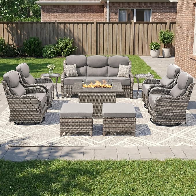 Luxury Patio Furniture Set 10pcs with 6-inch Thick Cushion, Outdoor Furniture with Fire Pit Table, Swivel Chairs, Sofa, Side Table, Ottomans, Patio Set for Deck Yard Grey Wicker | Grey Cushions