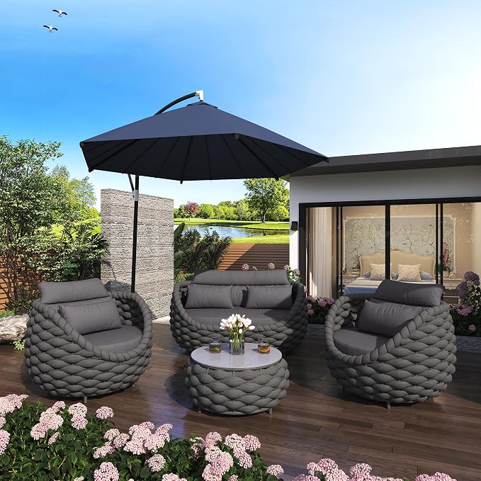 TWT Outdoor Patio Furniture Set-6 Pieces Aluminum Sectional Sofa, Metal Patio Conversation Set with Loveseat & Armchair, Textile Rope and Coffee Table, Dark Grey